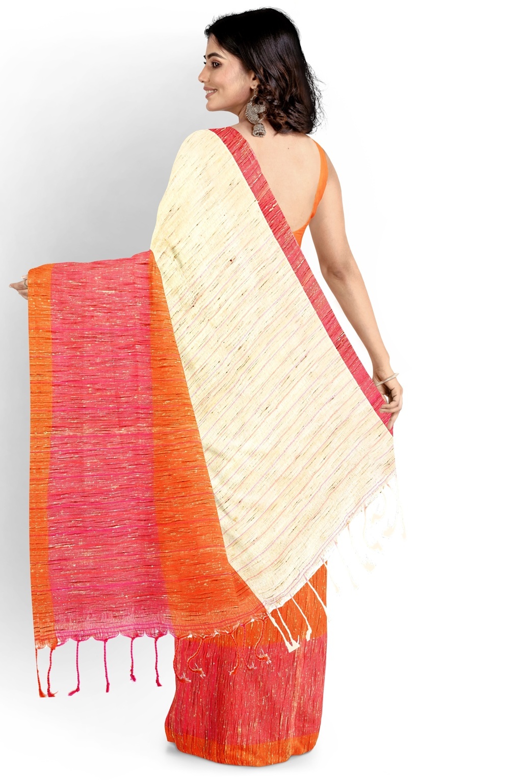 Orange White Pure Cotton Kusu Hand Loom Saree (1281)